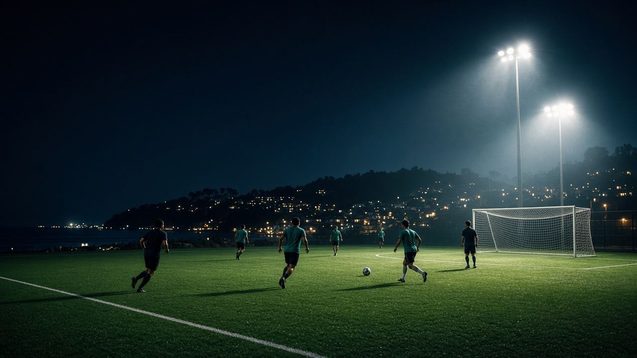 Players on a turf field at night under floodlights, with the hills and town lights behind