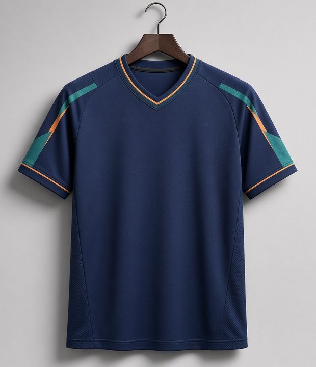 Blank navy soccer jersey with teal and orange trim on a hanger