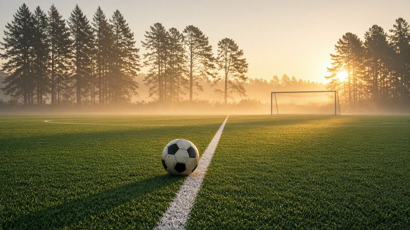 A soccer ball on a turf field at sunrise, morning mist and pine trees behind the goal